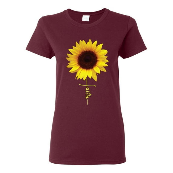 Sunflower Christian Faith Cross Inspirational/Christian Womens Graphic T-Shirt, Maroon, Large