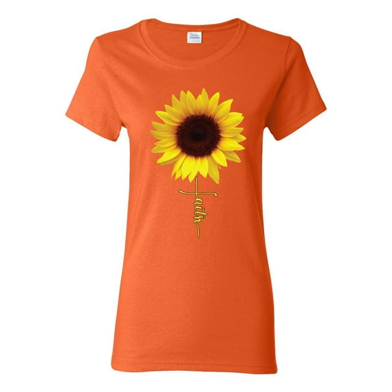 Sunflower Christian Faith Cross Inspirational/Christian Womens Graphic T-Shirt, Orange, X-Large