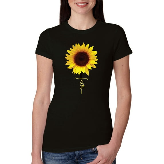 Sunflower Christian Faith Cross Inspirational/Christian Womens Slim Fit Junior Tee, Black, X-Large