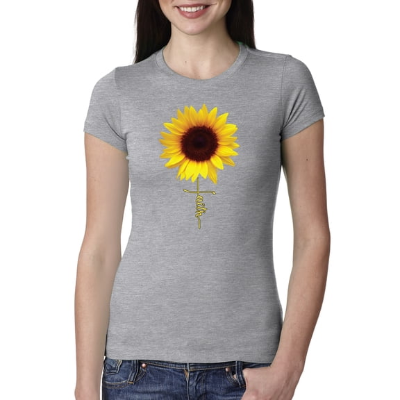 Sunflower Christian Faith Cross Inspirational/Christian Womens Slim Fit Junior Tee, Heather Grey, Medium