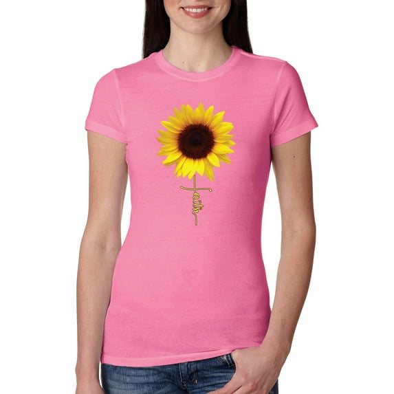 Sunflower Christian Faith Cross Inspirational/Christian Womens Slim Fit Junior Tee, Hot Pink, Medium