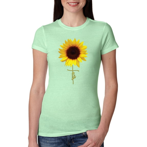 Sunflower Christian Faith Cross Inspirational/Christian Womens Slim Fit Junior Tee, Mint, Large