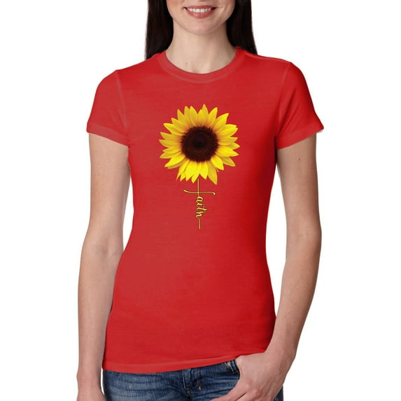 Sunflower Christian Faith Cross Inspirational/Christian Womens Slim Fit Junior Tee, Red, 2XL