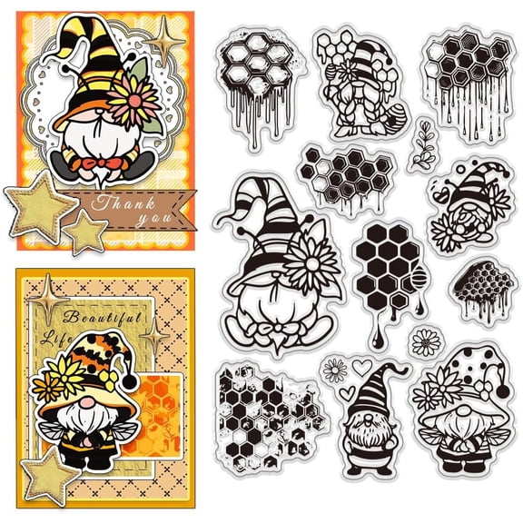 Sunflower Clear Stamps Bee Hive Rubber Stamp Gnome Dwarf Elf Transparent Silicone Stamps for Journaling Card Making Scrapbooking Photo Album Decorative 6.3x4.3 inch diy