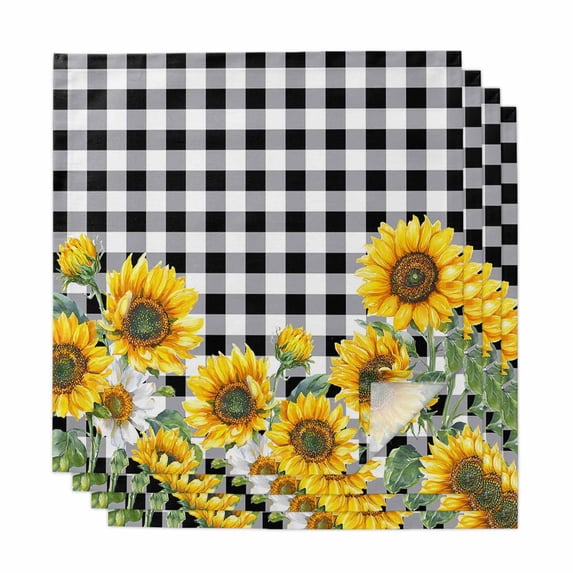 Sunflower Cloth Napkins, Black White Check Country Yellow Floral Washable and Reusable Dinner Napkins Set of 4, Table Napkin for Kitchen Party Birthday Wedding Hotel Housewarming 20"x20"
