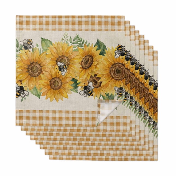 Sunflower Cloth Napkins, Green Botanical Yellow Floral Rustic Plaid Washable and Reusable Dinner Napkins Set of 8, Table Napkin for Kitchen Party Birthday Wedding Hotel Housewarming 20"x20"
