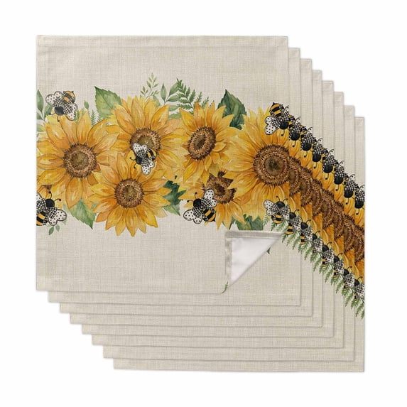 Sunflower Cloth Napkins, Green Botanical Yellow Floral Summer Rustic Washable and Reusable Dinner Napkins Set of 8, Table Napkin for Kitchen Party Birthday Wedding Hotel Housewarming 20"x20"