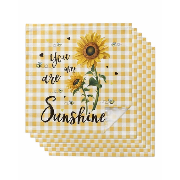 Sunflower Cloth Napkins Set of 6 Reusable Dinner Napkins, Yellow Plaid Lattice You Are My Sunshine Cocktail Napkin Washable Table Napkins for Wedding/Holiday Party/Baby Shower 20"x20"