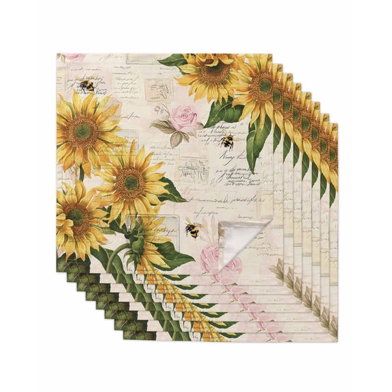 Sunflower Cloth Napkins Set of 8 Reusable Dinner Napkins, Farmhouse Floral Bee Brown Vintage Pink Yellow Cocktail Napkin Washable Table Napkins for Wedding/Holiday Party/Baby Shower 20"x20"