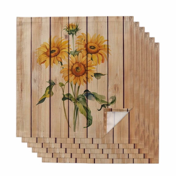 Sunflower Cloth Napkins, Vintage Summer Botanical Wooden Farmhouse Washable and Reusable Dinner Napkins Set of 6, Table Napkin for Kitchen Party Birthday Wedding Hotel Housewarming 20"x20"