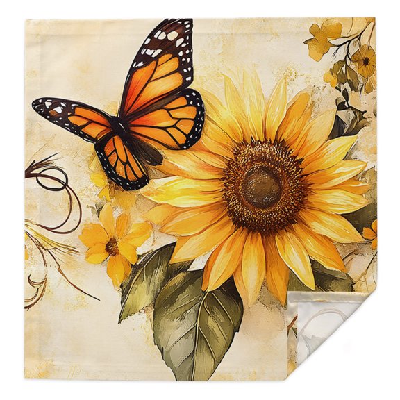 Sunflower Cloth Napkins Washable Set of 1, Butterfly Spring Floral Retro Reusable Dinner Table Napkins Cloth Bulk for Weddings Kitchen Restaurants Hotel Events Parties 20 x 20 Inch