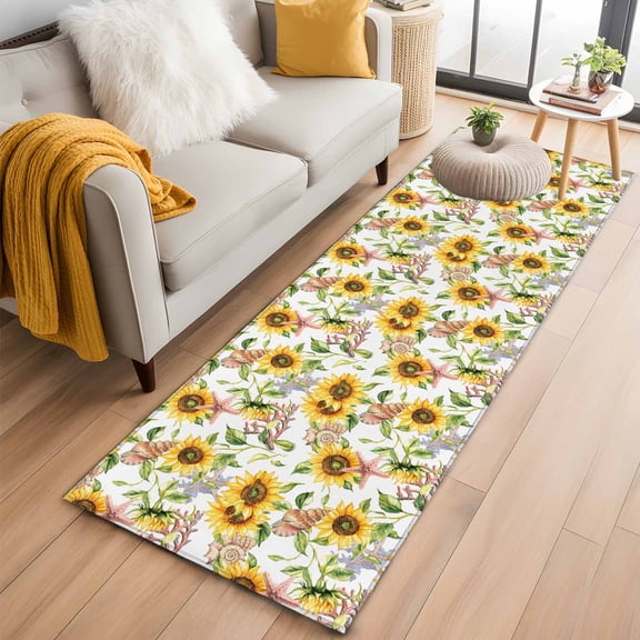 Sunflower Coastal Runner Rug 2x6 FT,Non Slip Hallway Rugs,Summer Botanical Starfish Coral Washable Soft Floor Carpet Throw Runner Carpet Long Rugs for Entryway Kitchen Bedside Sliding Door