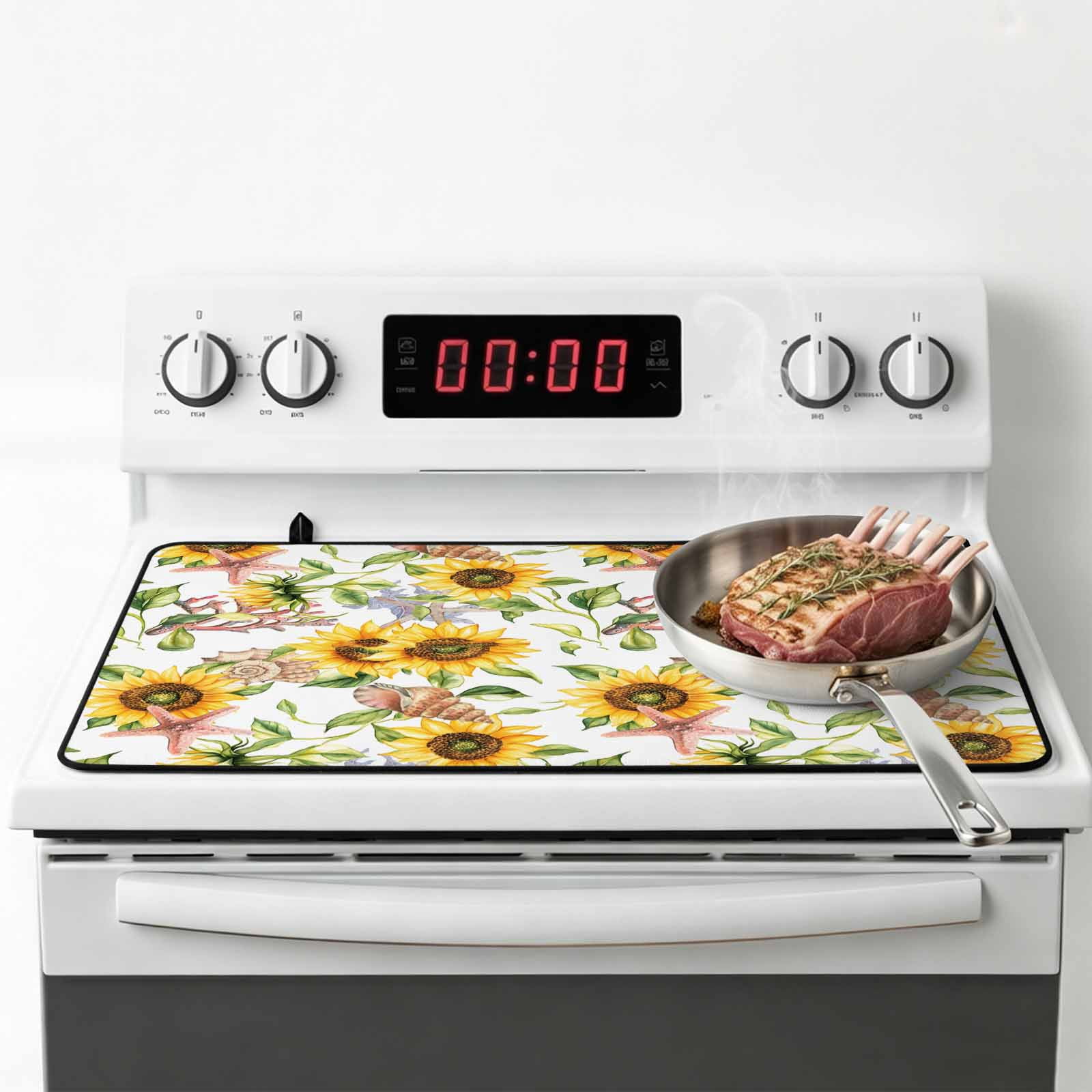 Sunflower Coastal Stove Top Cover for Electric Stove, Heat-proof & Non Slip Glass Top Stove Cover Protector, Summer Botanical Starfish Coral Kitchen Flat Cooktop Rubber Mat 24x21 Inches