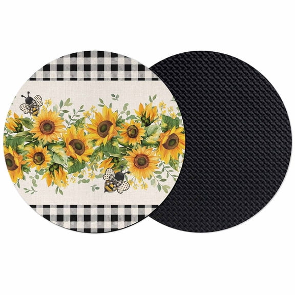Sunflower Coasters Set of 2, Soft Absorbent Coasters for Drinks, Summer Botanical Bee Rustic Black Plaid Non-Slip Cup Coaster Mat with Rubber Bottom for Home Kitchen Desk Coffee Bar Table Decor 4"