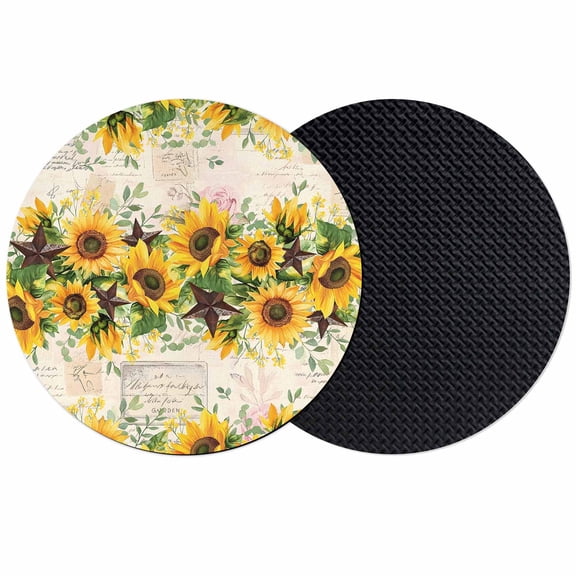 Sunflower Coasters Set of 2, Yellow Spring Floral Summer Botanical Rustic Absorbent Coasters for Drinks, Coaster for Bar Office Dining Coffee Table Accessories Decor, Non Slip Round Desk Coaster