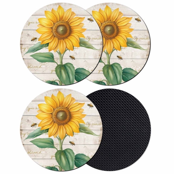 Sunflower Coasters Set of 4, Absorbent Coasters for Drinks, Yellow Summer Botanical Bee Vintage Wooden Coaster for Desk Coffee Table Protection, Home Decor House Warming Gifts 4"
