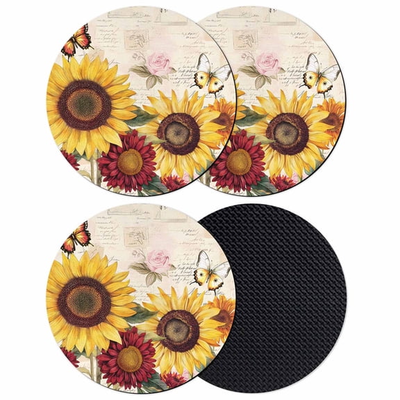 Sunflower Coasters Set of 4, Soft Absorbent Coasters for Drinks, Farmhouse Rose Floral Vintage Butterfly Non-Slip Cup Coaster Mat with Rubber Bottom for Home Kitchen Desk Coffee Bar Table Decor 4"