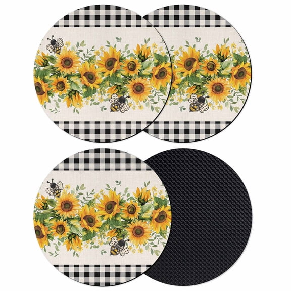 Sunflower Coasters Set of 4, Soft Absorbent Coasters for Drinks, Summer Botanical Bee Rustic Black Plaid Non-Slip Cup Coaster Mat with Rubber Bottom for Home Kitchen Desk Coffee Bar Table Decor 4"