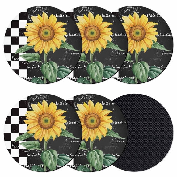 Sunflower Coasters Set of 6, Absorbent Coasters for Drinks, Yellow Floral Black White Plaid Watercolor Coaster for Desk Coffee Table Protection, Home Decor House Warming Gifts 4"