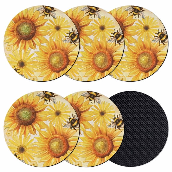 Sunflower Coasters Set of 6, Absorbent Coasters for Drinks, Yellow Floral Elegant Pastoral Flowers Rustic Coaster for Desk Coffee Table Protection, Home Decor House Warming Gifts 4"