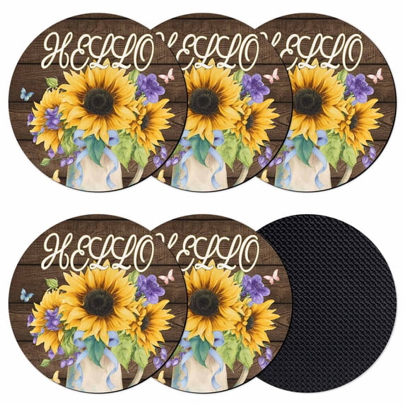 Sunflower Coasters Set of 6, Absorbent Coasters for Drinks, Yellow Flowers Summer Botanical Wooden Retro Art Coaster for Desk Coffee Table Protection, Home Decor House Warming Gifts 4"