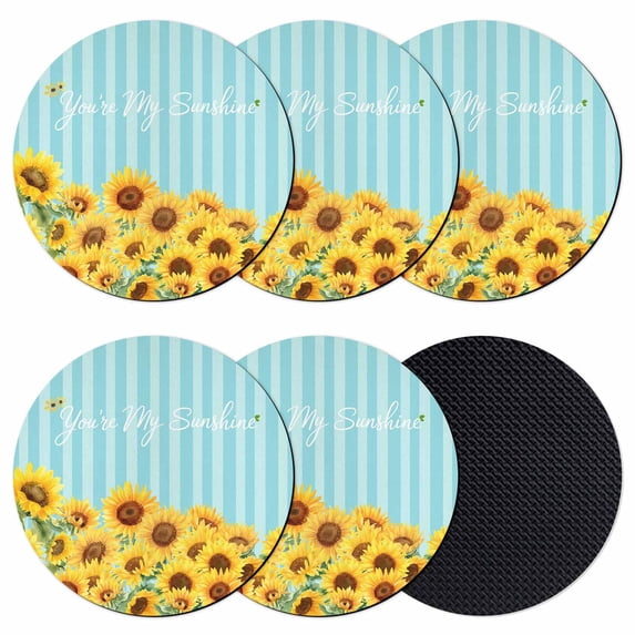 Sunflower Coasters Set of 6, Absorbent Coasters for Drinks, Yellow Summer Botanical Blue Striped Farmhouse Coaster for Desk Coffee Table Protection, Home Decor House Warming Gifts 4"