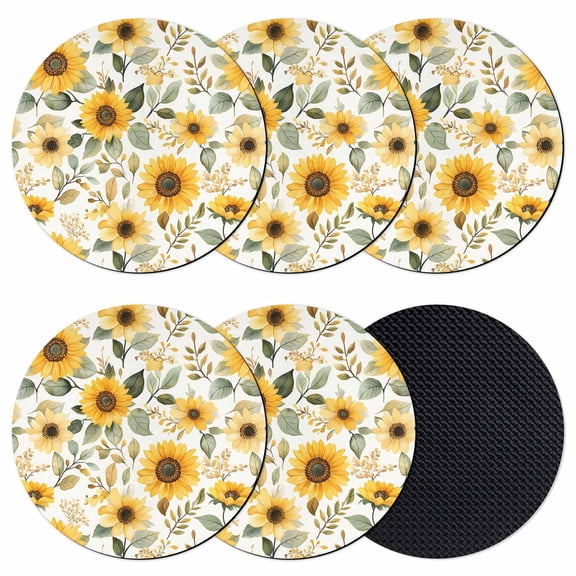 Sunflower Coasters Set of 6, Farmhouse Spring Summer Botanical Absorbent Coasters for Drinks, Coaster for Bar Office Dining Coffee Table Accessories Decor, Non Slip Round Desk Coaster