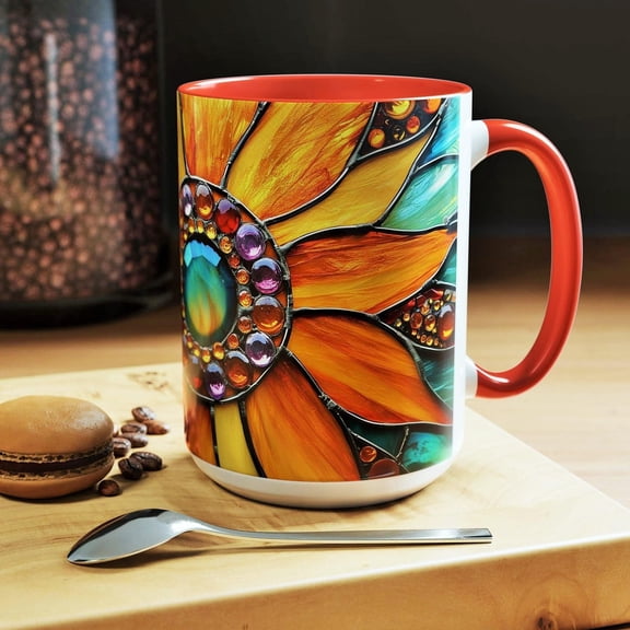 Sunflower Coffee Mug: Teal Blue Stained Glass Art, Botanical Gift