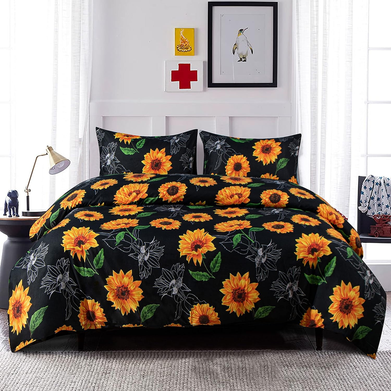 Sunflower Comforter Cover for Girls Yellow Floral Bedding Set Twin Full