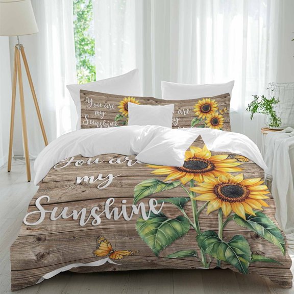 Sunflower Comforter Set Twin Size, You Are My Sun Shine Vintage Brown Wood Board Soft Bedding Set for Man Woman, 4 Pieces Duvet Cover Set with Fitted Sheet, 2 Pillowcases