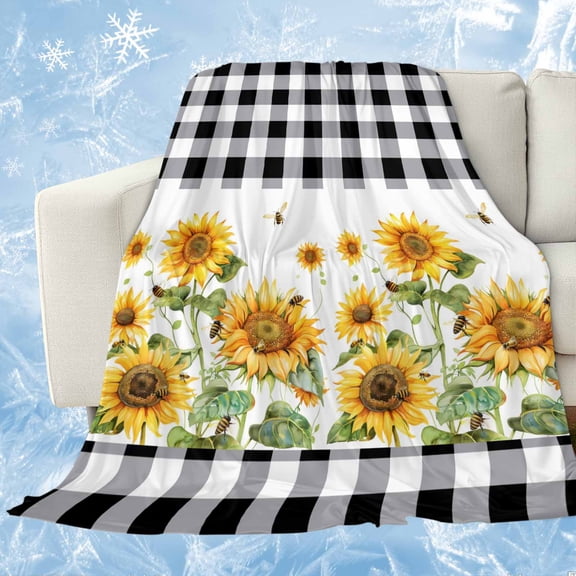 Sunflower Cooling Blanket for Hot Sleepers,Soft Breathable Cool Summer Blanket for Night Sweats,Black White Buffalo Plaid Check Country Bee Lightweight Ice Silk Sofa Throw Blankets All Season 30"x40"