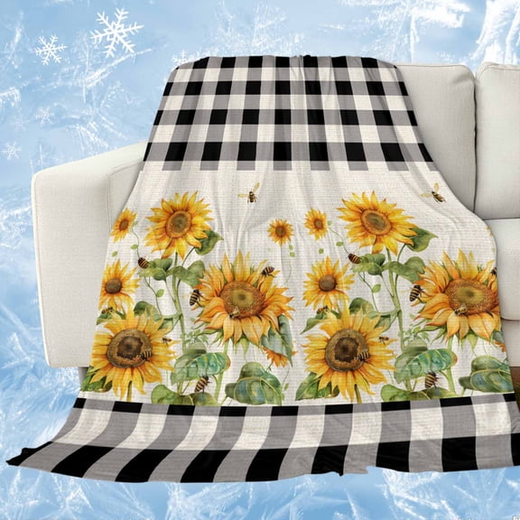 Sunflower Cooling Blanket for Hot Sleepers,Soft Breathable Cool Summer Blanket for Night Sweats,Retro Buffalo Plaid Black White Country Bee Lightweight Ice Silk Sofa Throw Blankets All Season 30"x40"