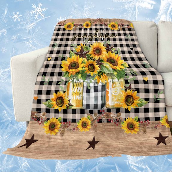 Sunflower Cooling Blanket, Lightweight Breathable Summer Throw Blanket with Double Sided Cold Effect, Black White Plaid Farmhouse Stars Picnic Beach Blankets Bed Sheet for Hot Sleepers 60"x80"