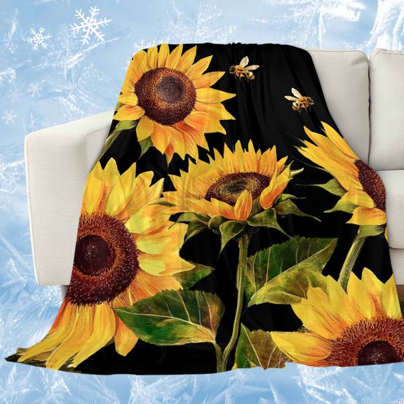 Sunflower Cooling Blanket, Lightweight Breathable Summer Throw Blanket with Double Sided Cold Effect, Summer Bee Botanical Floral Black Picnic Beach Blankets Bed Sheet for Hot Sleepers 30"x40"