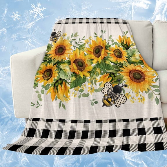 Sunflower Cooling Blanket, Lightweight Breathable Summer Throw Blanket with Double Sided Cold Effect,Summer Botanical Bee Rustic Black Plaid Picnic Beach Blankets Bed Sheet for Hot Sleepers 40"x60"