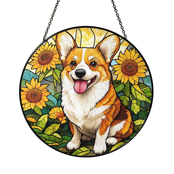 Sunflower Corgi Stained Glass Window Hanging, Playful Dog Suncatcher For Garden Style Decor