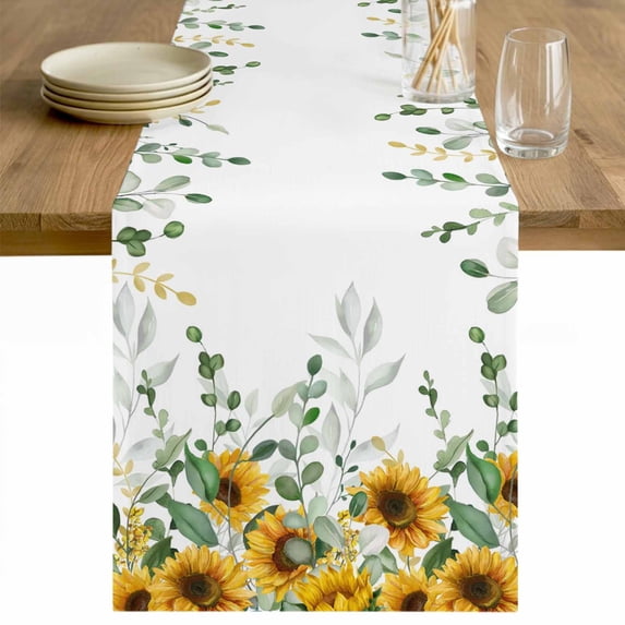 Sunflower Cotton Linen Rectangle Table Runners 13"x72", Summer Botanical Eucalyptus Leaves Weeping Coffee Table Runner Dresser Scarves Luxury Table Runners for Wedding Party Banquet Dinner Decor