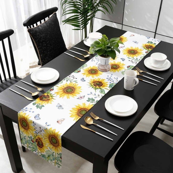 Sunflower Cotton Linen Small Table Runner 13 x 48 inch Yellow Floral Summer Botanical Non-slip Rectangular Dining Table Decor for Wedding Party Holiday Dinner