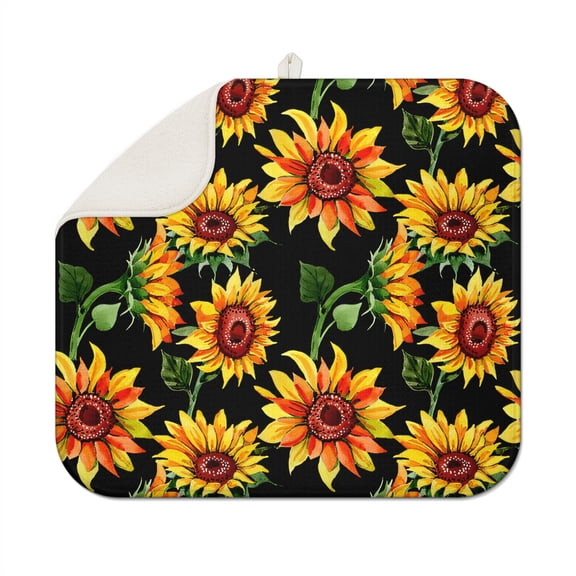 Sunflower Counter Drying Mat for Dishes, Microfiber Floral Pad 16x18 Inch, Foldable Rack Surface for Kitchen Sink