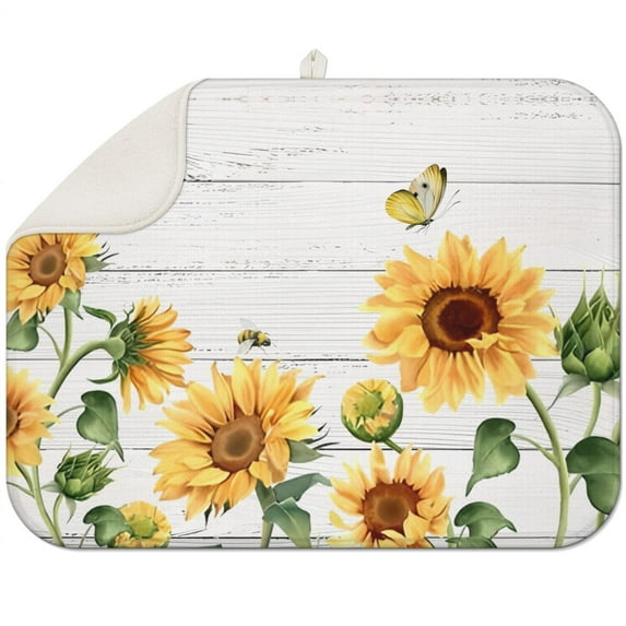Sunflower Counter Mat for Dish Drying, 18x24 Inch Microfiber Pad, Foldable Absorbent Kitchen Rack Mat with Floral Design