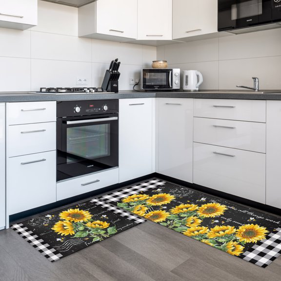 Sunflower Country 2 Pieces Non-Slip Kitchen Mat Set, Florals Bee Farmhouse Black Buffalo Plaid Soft Door Mat with Rubber Backing, Dirtproof Rugs for Entrance Doorway, 23.6x35.4in+23.6x70.9in