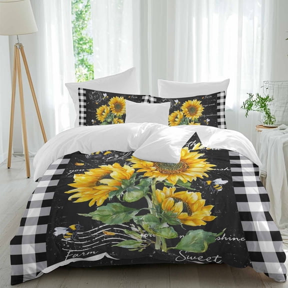 Sunflower Country Queen Size Comforter Set, Florals Bee Farmhouse Black Buffalo Plaid Bedding for All Seasons, 4 Pcs Bed Set, 1Quiltcover (90"x92") ,1Sheet(94"x116"), 2Pillowcases (30"x20")