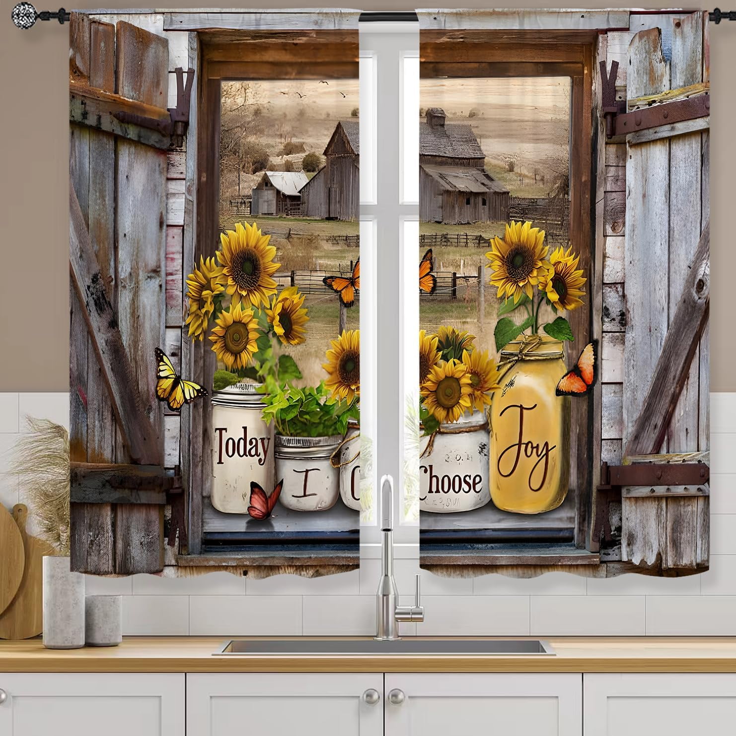 Sunflower Country Vintage Kitchen Curtains 27.5W X 39L Inch 2 Panels Rod  Pocket Brown Old Barn Door Butterfly Short Cafe Tier Curtain Wood Floral ..., image size:1482x1482