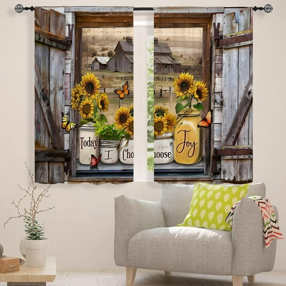 Sunflower Country Vintage Window Curtains 42W X 63L Inch 2 Panels Rod Pocket Brown Old Barn Door Bedroom Curtains Retro Wood Floral Window Drapes Treatment Living Dining Room Home Decoration