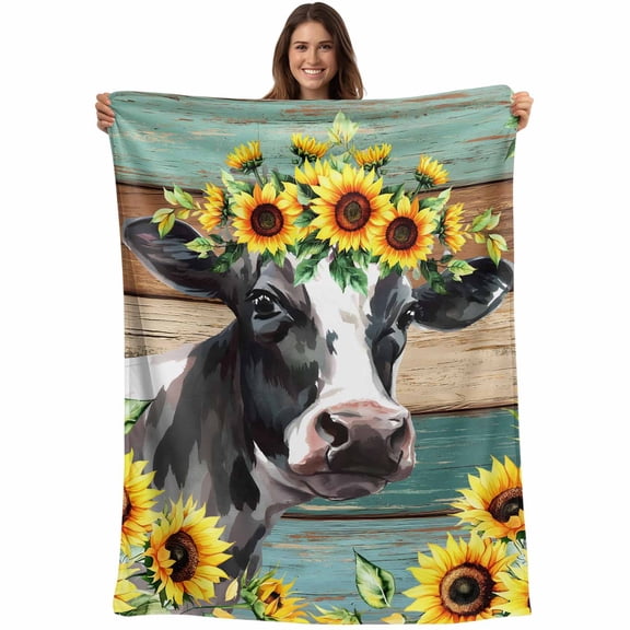 Sunflower Cow Blanket Soft Cozy Warm Throw Blanket for Couch, Plush Fuzzy Flannel Fleece Blankets for Sofa, Rustic Teal Brown Farmhouse Wood Grain Bed Blankets Lightweight Gifts for Women, 40"x50"