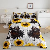 Sunflower Cow Comforter Set for Cabin Decor, Highland Cow Animal Bedding Set, Yellow Floral Quilted Duvet,Wildlife Farmhouse Cow Cowhide Down Comforter Twin Size with 1 Pillow Sham