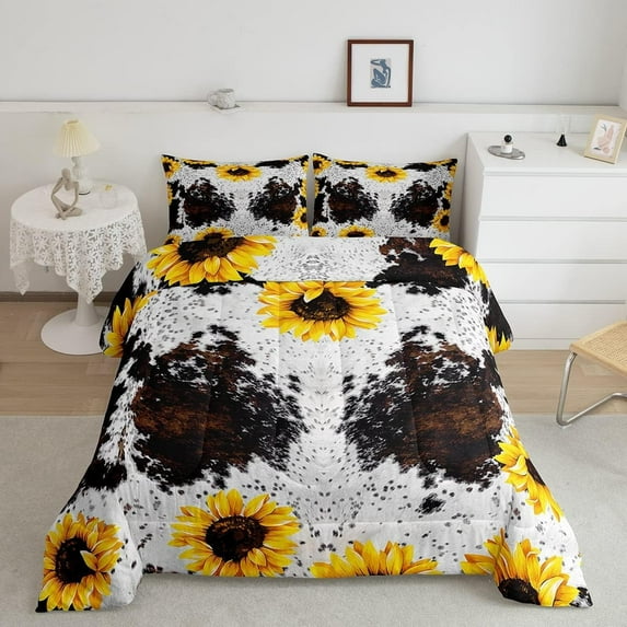 Sunflower Cow Comforter Set for Cabin Decor, Highland Cow Animal Bedding Set, Yellow Floral Quilted Duvet,Wildlife Farmhouse Cow Cowhide Down Comforter Twin Size with 1 Pillow Sham