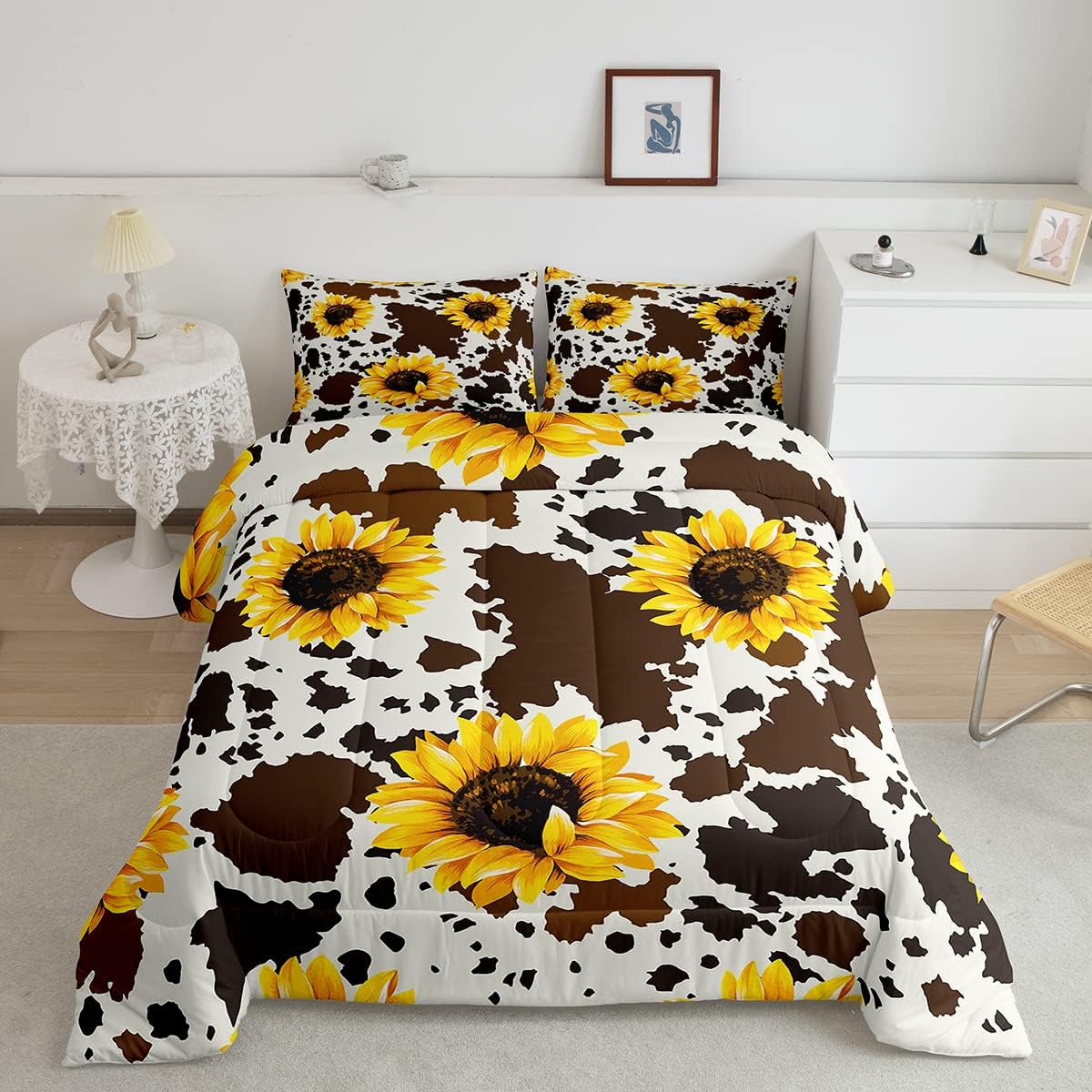 Sunflower Cow Comforter Set for Kids Girls Boys,Rustic Cowhide Brown