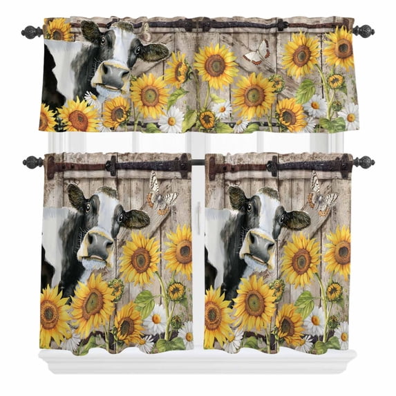 Sunflower Cow Curtain Valances Set Farmhouse Yellow Flower Leaf Butterfly Barn Door Kitchen Curtains 36 inch Length Rod Pocket Valance and Tiers 3 Piece Set Small Bedroom Bathroom Laundry Decor