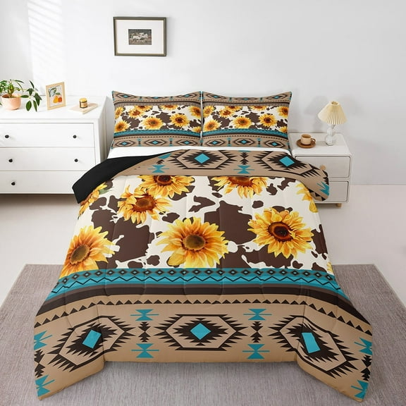 Sunflower Cow Print Bedding Set Western Cowhide Comforter Set King Southwestern Aztec Down Comforter Adults Men,Boho Rustic Farmhouse Quilt Set Teal Brown 3 Pcs